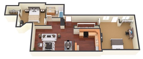 a 3d floor plan of a house with a kitchen and living room